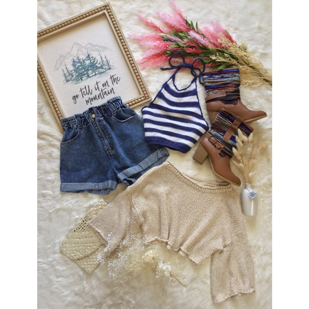 Billabong Blue Lagoon Navy White Knit Crop Halter Top Sz S Coastal Western